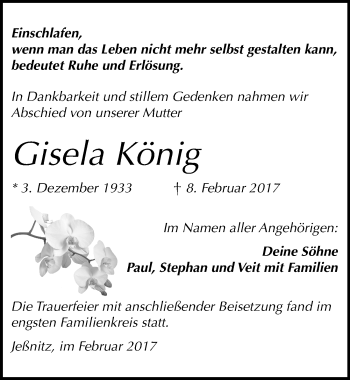 Traueranzeige von Gisela König von Mitteldeutsche Zeitung Bitterfeld