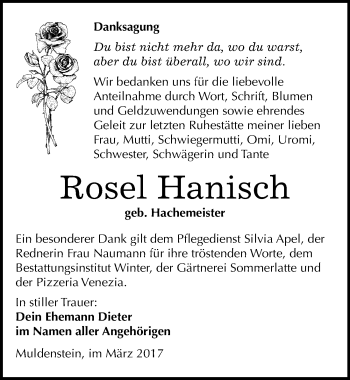 Traueranzeige von Rosel Hanisch von Mitteldeutsche Zeitung Bitterfeld