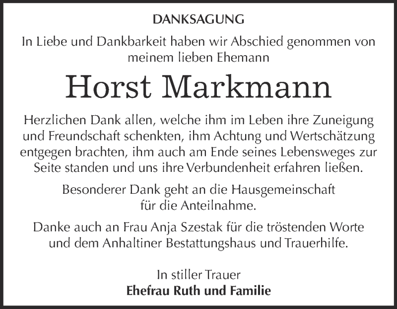  Traueranzeige für Horst Markmann vom 04.03.2017 aus WVG - Wochenspiegel Dessau / Köthen