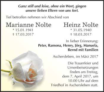 Traueranzeige von Marianne und Heinz Nolte von Super Sonntag SGH Mansf. Land