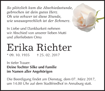 Traueranzeige von Erika Richter von Mitteldeutsche Zeitung Wittenberg
