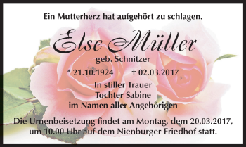 Traueranzeige von Else Müller von Mitteldeutsche Zeitung Bernburg