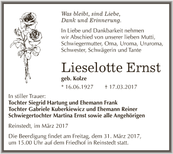 Traueranzeige von Lieselotte Ernst von Super Sonntag SGH Mansf. Land