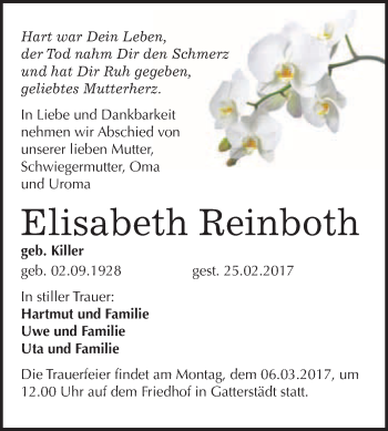 Traueranzeige von Elisabeth Reinboth von Super Sonntag Halle