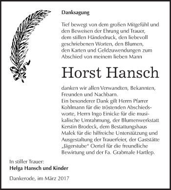 Traueranzeige von Horst Hansch von Super Sonntag Quedlinburg