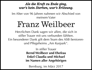 Traueranzeige von Franz Weilbeer von Mitteldeutsche Zeitung Bernburg