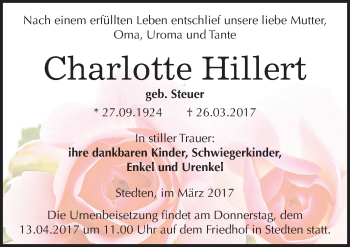 Traueranzeige von Charlotte Hillert von Mitteldeutsche Zeitung Mansfelder Land