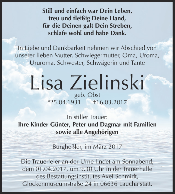 Traueranzeige von Lisa Zielinski von WVG - Wochenspiegel NMB / WSF / ZTZ