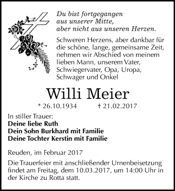 Traueranzeige von Willi Meier von Mitteldeutsche Zeitung Wittenberg