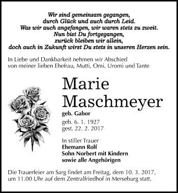 Traueranzeige von Marie Maschmeyer von Mitteldeutsche Zeitung Merseburg/Querfurt