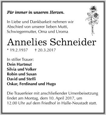 Traueranzeige von Annelies Schneider von Mitteldeutsche Zeitung Halle/Saalkreis
