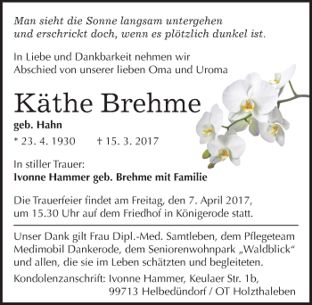 Traueranzeige von Käthe Brehme von Mitteldeutsche Zeitung Quedlinburg