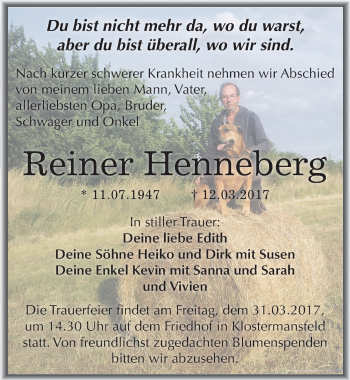 Traueranzeige von Reiner Henneberg von Mitteldeutsche Zeitung Mansfelder Land