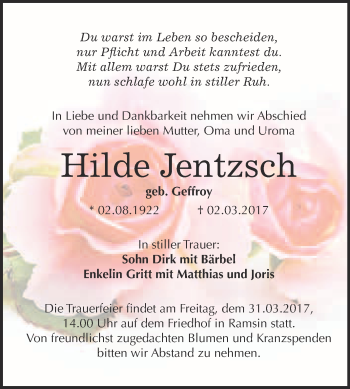 Traueranzeige von Hilde Jentzsch von WVG - Wochenspiegel Bitterfeld