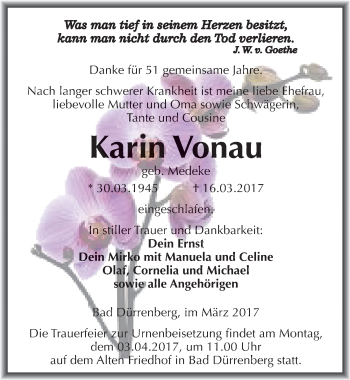 Traueranzeige von Karin Vonau von Mitteldeutsche Zeitung Merseburg/Querfurt
