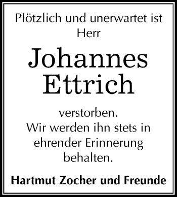 Traueranzeige von Johannes Ettrich von Mitteldeutsche Zeitung Weißenfels