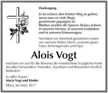Traueranzeige von Alois Vogt von Mitteldeutsche Zeitung Mansfelder Land