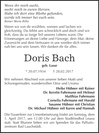 Traueranzeige von Doris Bach von Super Sonntag Halle