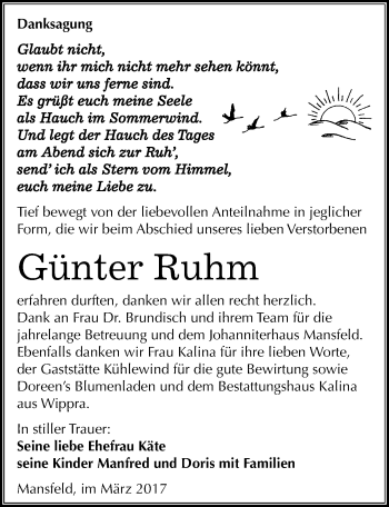 Traueranzeige von Günter Ruhm von Mitteldeutsche Zeitung Mansfelder Land