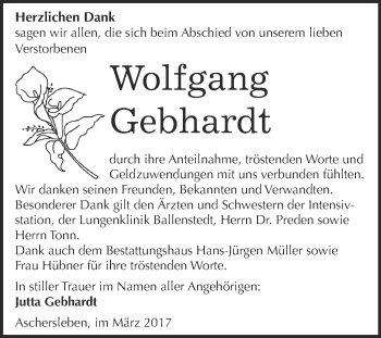 Traueranzeige von Wolfgang Gebhardt von Super Sonntag SGH Mansf. Land