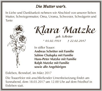 Traueranzeige von Klara Matzke von Super Sonntag SGH Mansf. Land