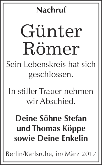 Traueranzeige von Günter Römer von Super Sonntag Wittenberg