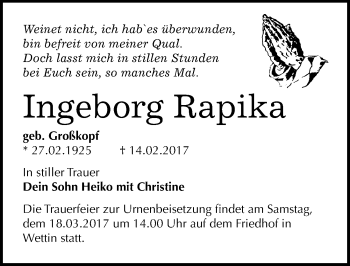 Traueranzeige von Ingeborg Rapika von Mitteldeutsche Zeitung Halle/Saalkreis