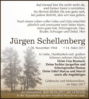 Traueranzeige von Jürgen Schellenberg von WVG - Wochenspiegel NMB / WSF / ZTZ
