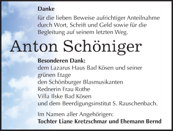 Traueranzeige von Anton Schöniger von Mitteldeutsche Zeitung Naumburg/Nebra