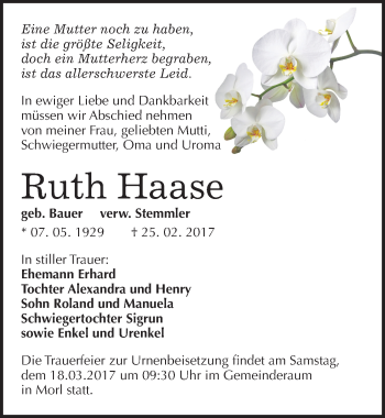 Traueranzeige von Ruth Haase von Mitteldeutsche Zeitung Halle/Saalkreis
