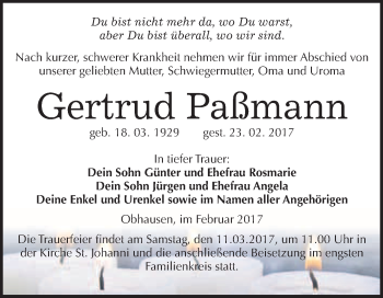 Traueranzeige von Gertrud Paßmann von Super Sonntag Halle