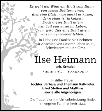 Traueranzeige von Ilse Heimann von Mitteldeutsche Zeitung Bitterfeld