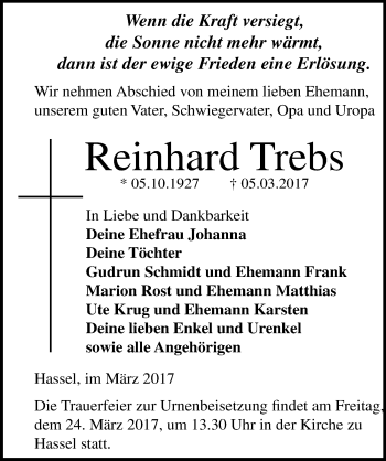 Traueranzeige von Reinhard Trebs von Mitteldeutsche Zeitung Zeitz