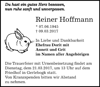 Traueranzeige von Reiner Hoffmann von Mitteldeutsche Zeitung Bernburg