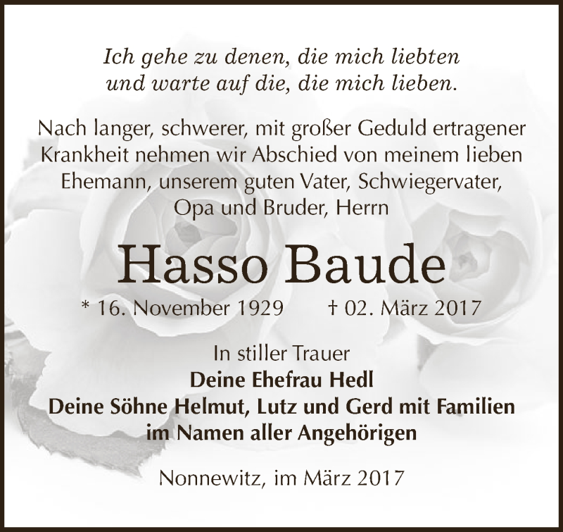  Traueranzeige für Hasso Baude vom 11.03.2017 aus Super Sonntag Zeitz