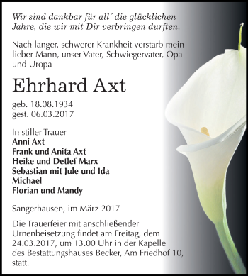 Traueranzeige von Ehrhard Axt von Super Sonntag SGH Mansf. Land