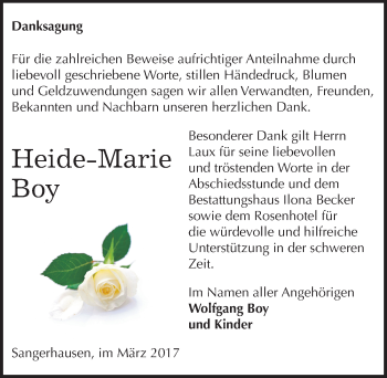 Traueranzeige von Heide-Marie Boy von Mitteldeutsche Zeitung Sangerhausen