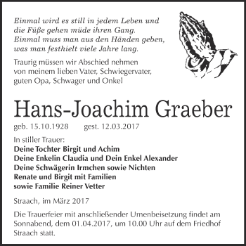 Traueranzeige von Hans-Joachim Graeber von Super Sonntag Wittenberg