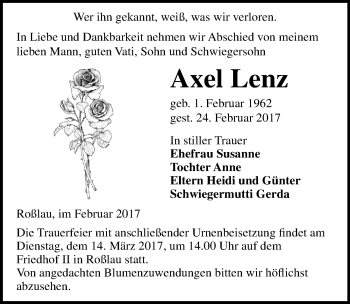 Traueranzeige von Axel Lenz von Mitteldeutsche Zeitung Dessau-Roßlau