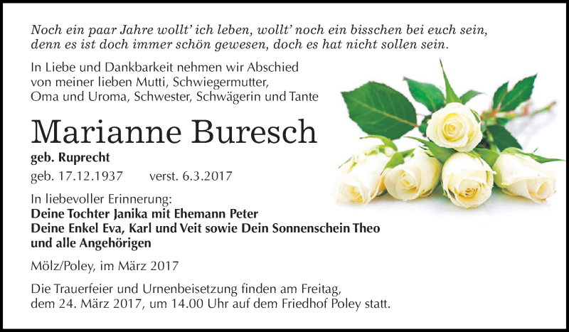  Traueranzeige für Marianne Buresch vom 11.03.2017 aus WVG - Wochenspiegel Dessau / Köthen
