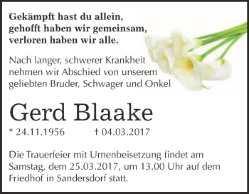 Traueranzeige von Gerd Blaake von WVG - Wochenspiegel Bitterfeld