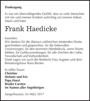 Traueranzeige von Frank Haedicke von Super Sonntag Quedlinburg
