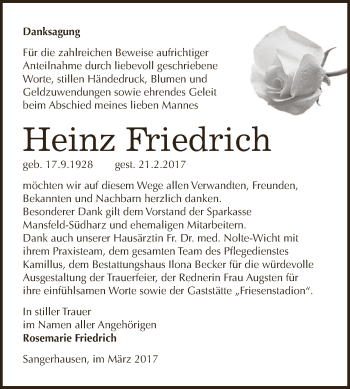 Traueranzeige von Heinz Friedrich von Super Sonntag SGH Mansf. Land