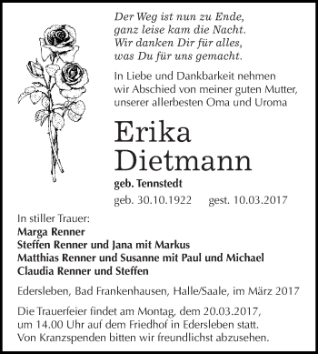 Traueranzeige von Erika Dietmann von Super Sonntag SGH Mansf. Land