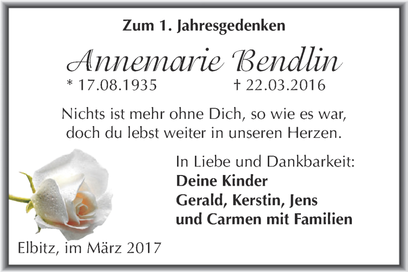  Traueranzeige für Annemarie Bendlin vom 22.03.2017 aus Super Sonntag SGH Mansf. Land