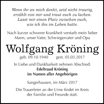Traueranzeige von Wolfgang Kröning von Super Sonntag SGH Mansf. Land