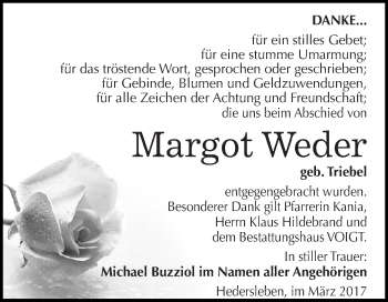 Traueranzeige von Margot Weder von Super Sonntag SGH Mansf. Land