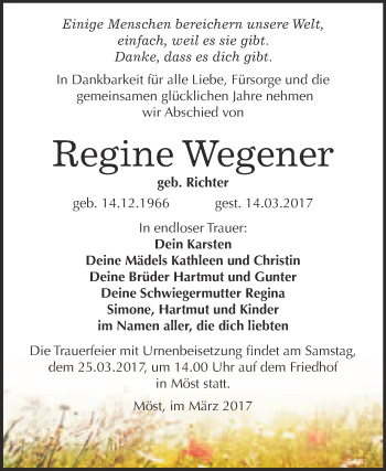 Traueranzeige von Regine Wegener von WVG - Wochenspiegel Bitterfeld