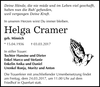 Traueranzeige von Helga Cramer von Mitteldeutsche Zeitung Merseburg/Querfurt