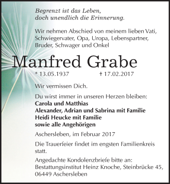 Traueranzeige von Manfred Grabe von Mitteldeutsche Zeitung Aschersleben